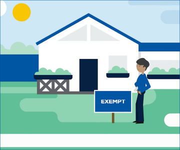 An illustration of a person standing in front of a house with a sign that reads 'EXEMPT' on the lawn. The house has a white exterior with blue accents, and there are bushes around it. The sky is clear with a bright sun in the top left corner.